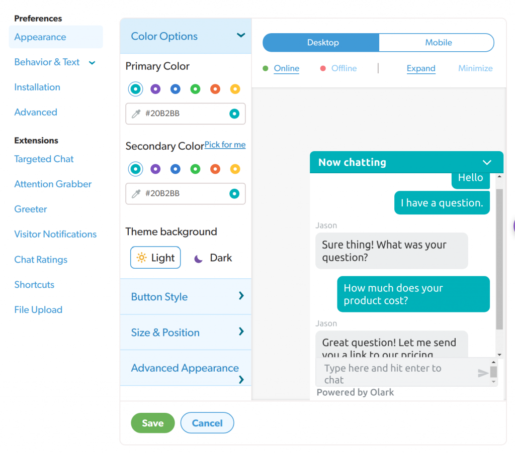 custom olark live chat widget