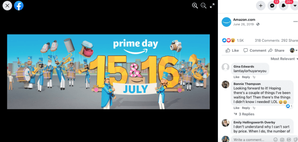 A post about ‘prime day’ sale on Amazon’s Facebook page.